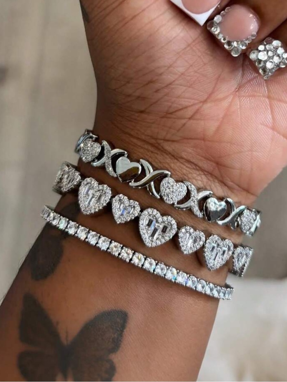 Silver Heart & Tennis CZ Bracelet Set - Elegant Layered Look